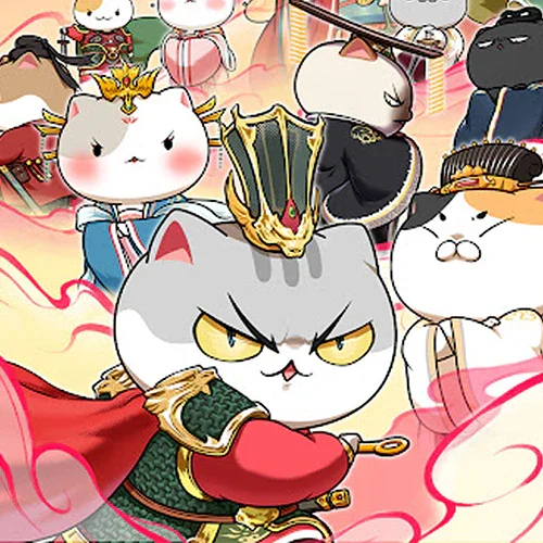 Cartoon cats in ancient royal costumes, main cat in green armor and crown, fantasy setting
