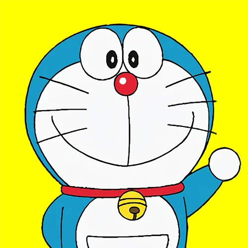 Blue cartoon cat character with red nose, white face, waving on a bright yellow background