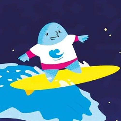 Cartoon character surfing on a yellow surfboard with blue waves, wearing a white shirt