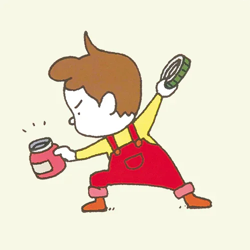 Cartoon child in red overalls holding a can and lid, playful educational illustration