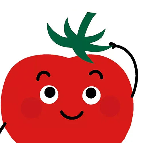 Cute smiling tomato cartoon character with raised arm, children's book illustration style