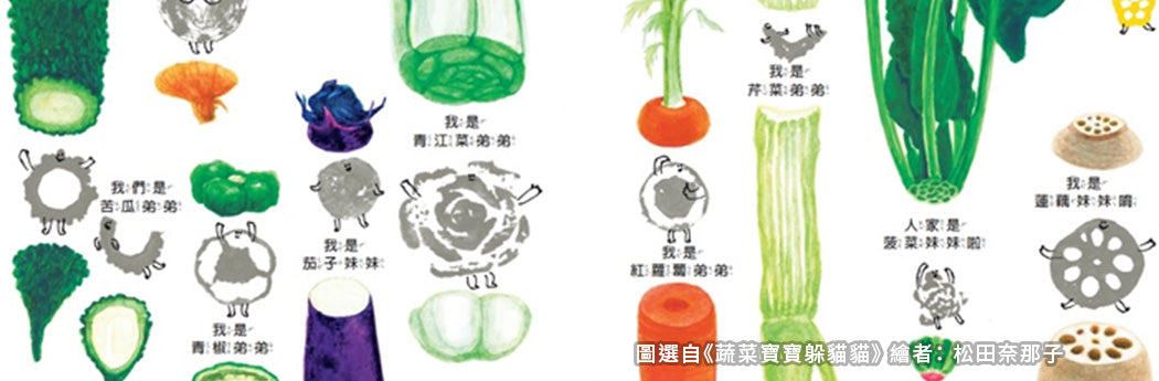 Children's book illustration of various vegetables with Chinese labels and playful animal drawings.