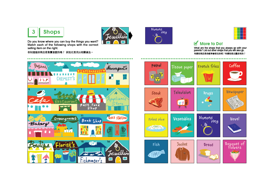 一個生活化的購物場景活動，幫助孩子在真實情境中學習實用英文詞彙。