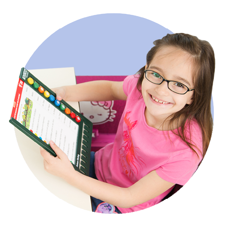 LOGICO feature: Learn Anytime, Anywhere, showing a girl using the portable LOGICO board.