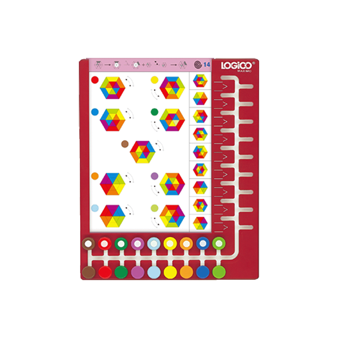 The red 18-button LOGICO MAXIMO learning board, designed for complex logical challenges.