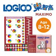 樂智高 (LOGICO) MAXIMO 學習遊戲，專為8-12歲兒童設計，展示了遊戲板、活動卡及產品包裝盒。