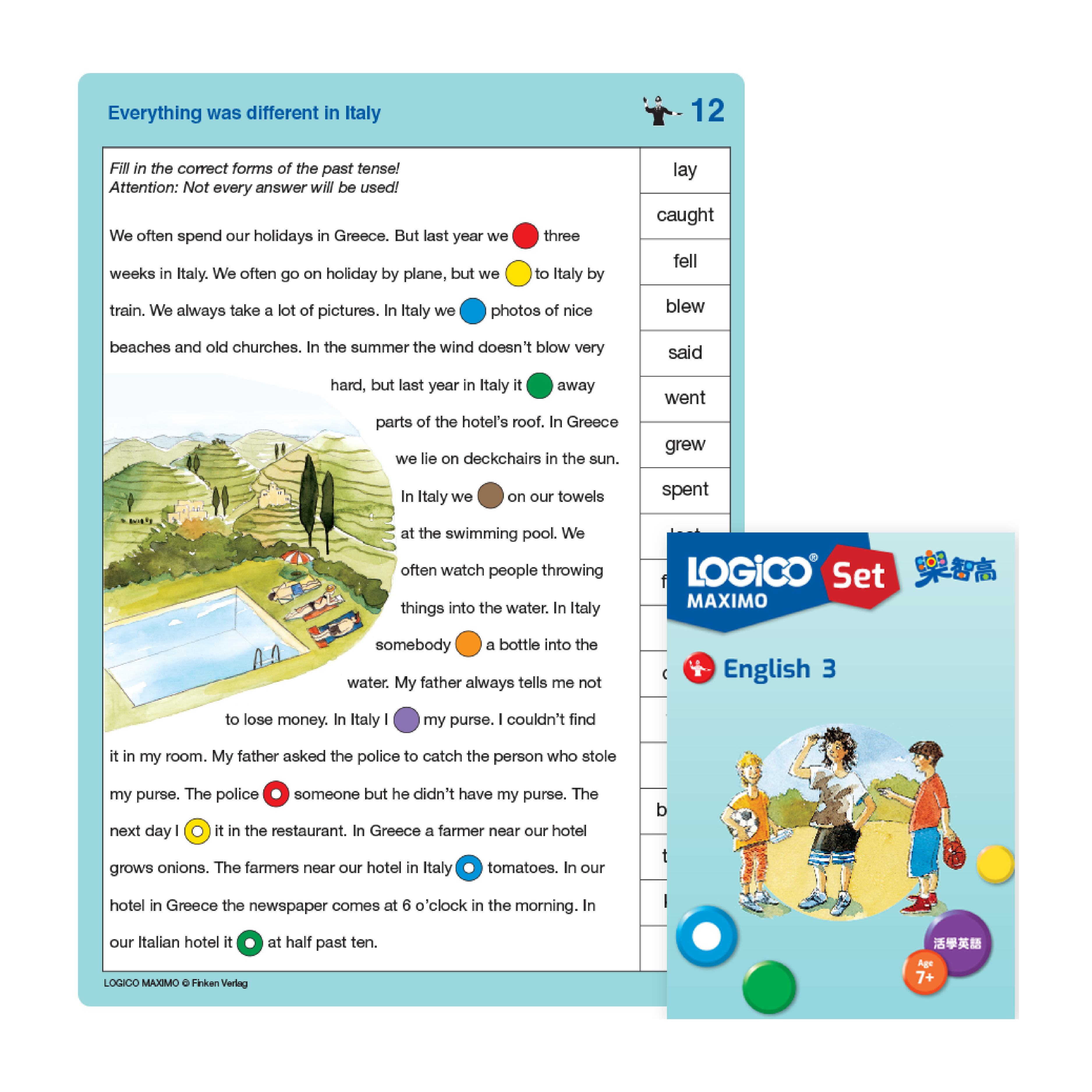 LOGICO MAXIMO English skill: A learning card exercise on using past tense verbs to complete a story.