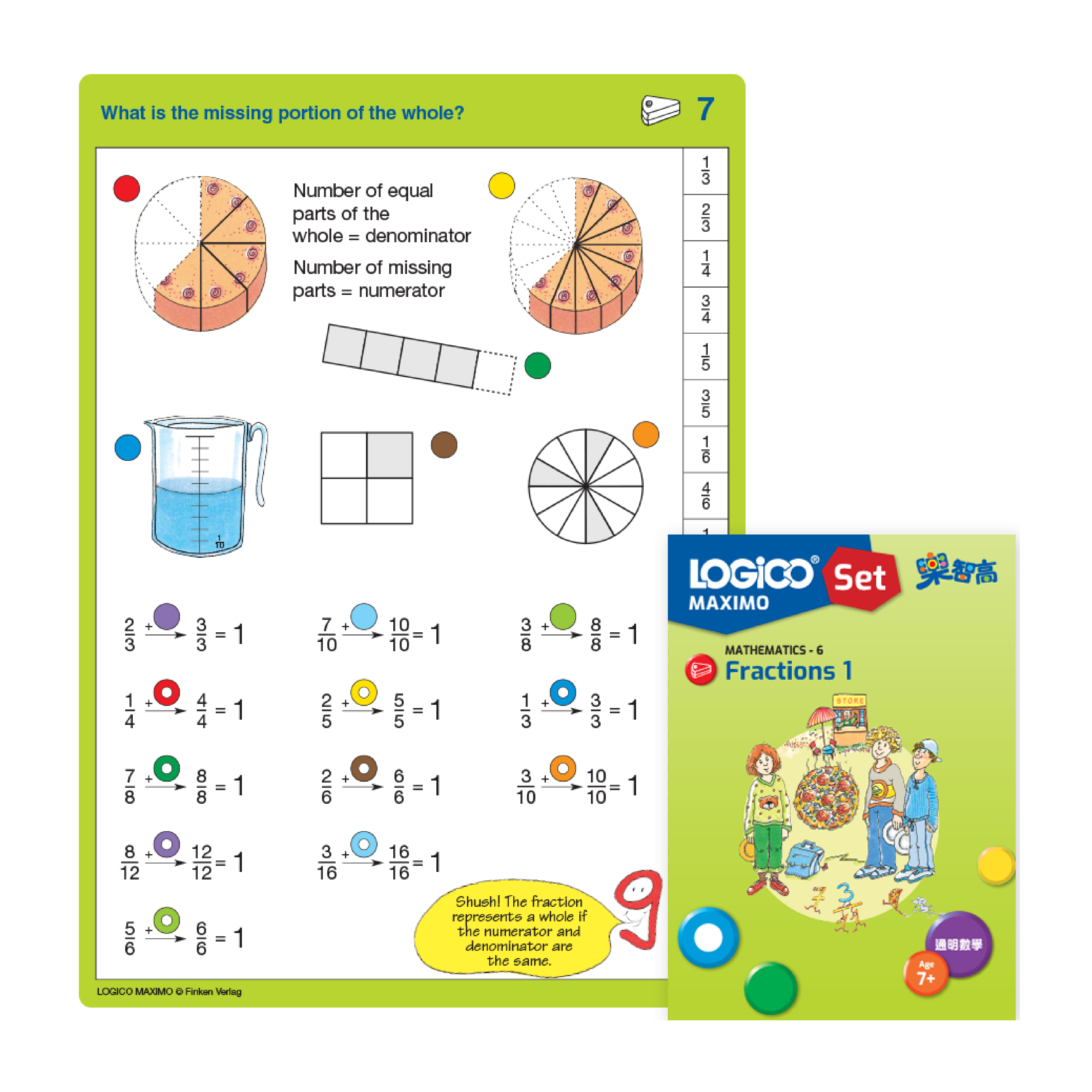 LOGICO MAXIMO Mathematics skill: A learning card exercise on understanding fractions using visual models.