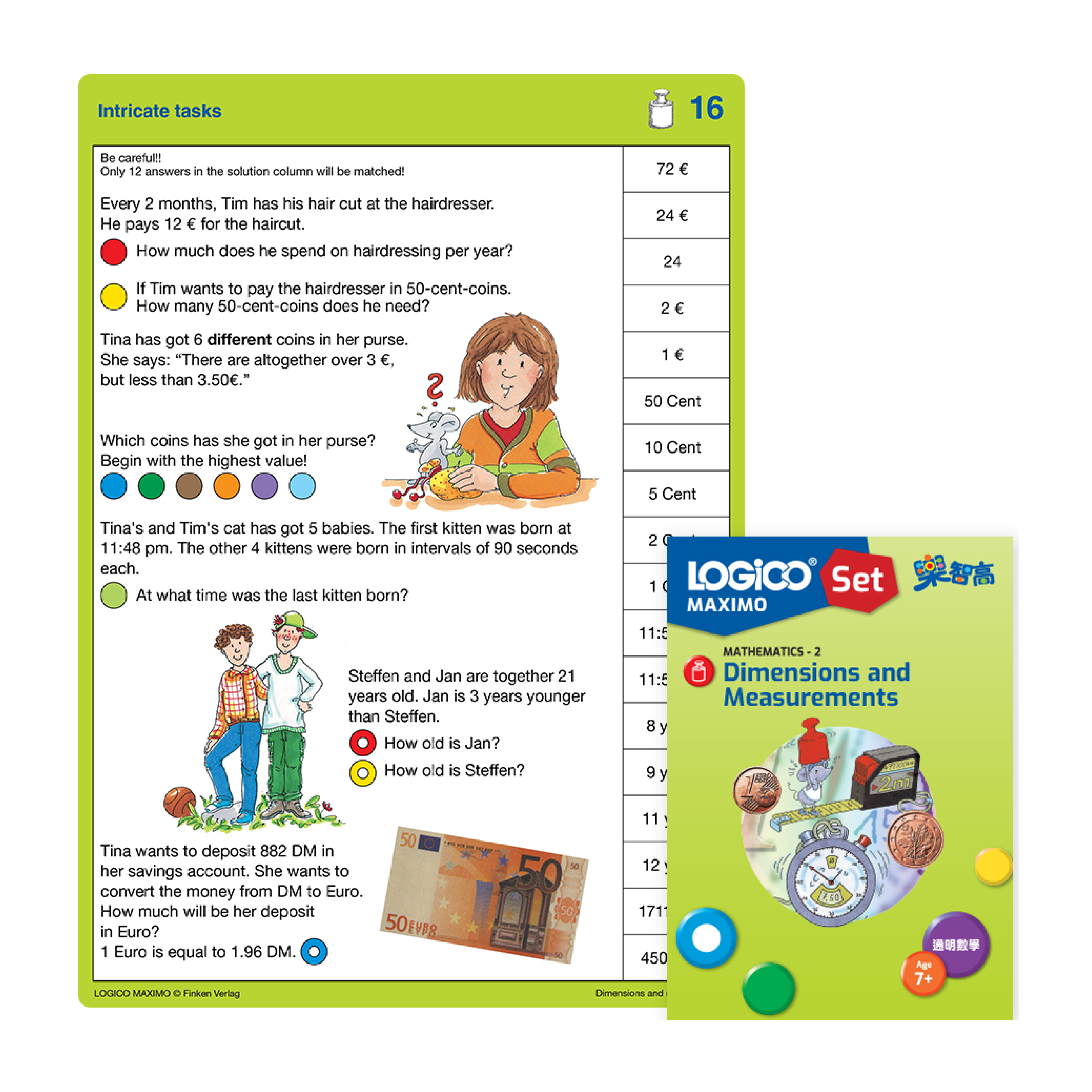 LOGICO MAXIMO Mathematics skill: A learning card exercise on solving integrated word problems with unit conversions.
