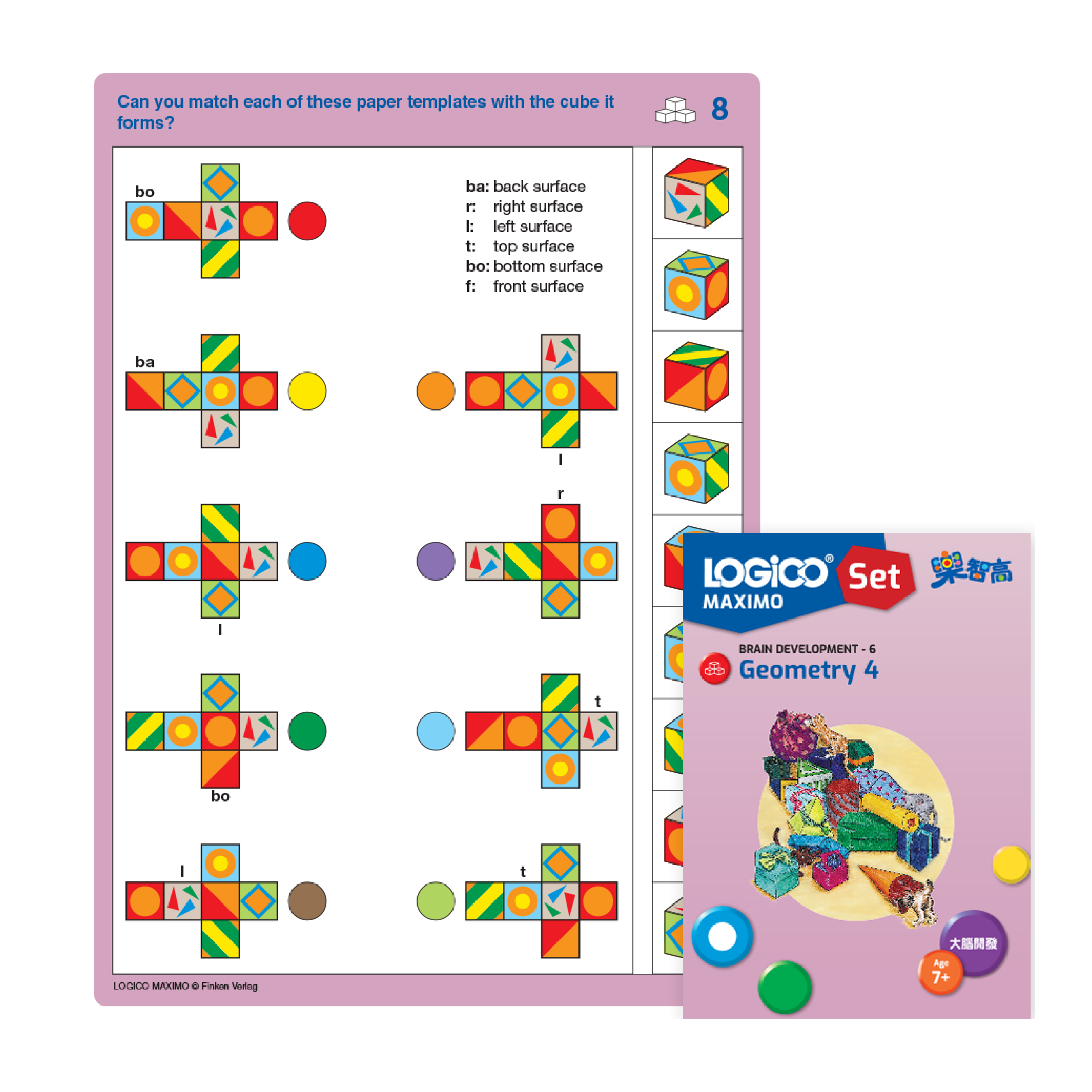 LOGICO MAXIMO 3D Spatial Reasoning skill: A learning card exercise on mentally folding a 2D net into a 3D cube.