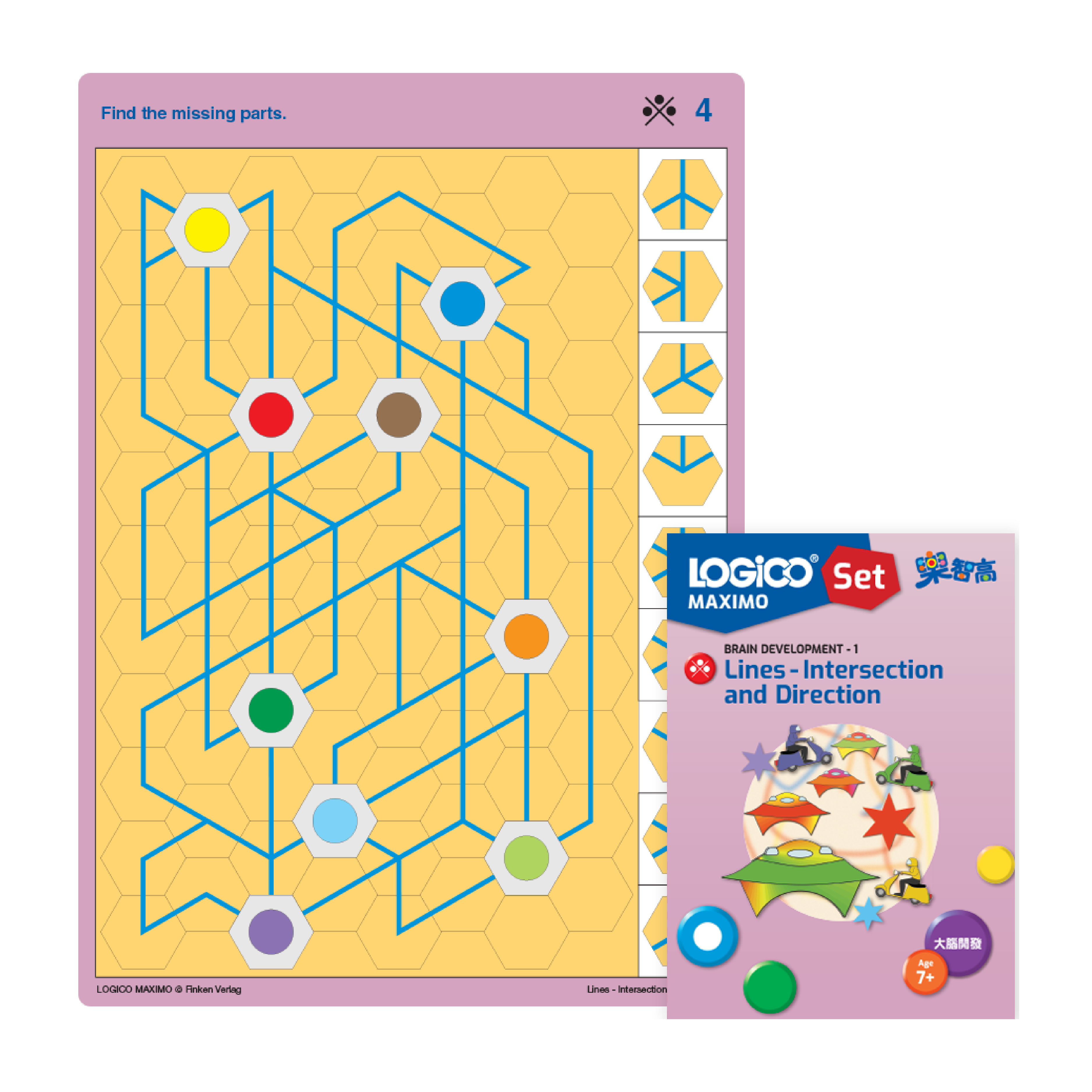 LOGICO MAXIMO Visual Analysis skill: A learning card exercise on tracing paths through a complex pipe network.