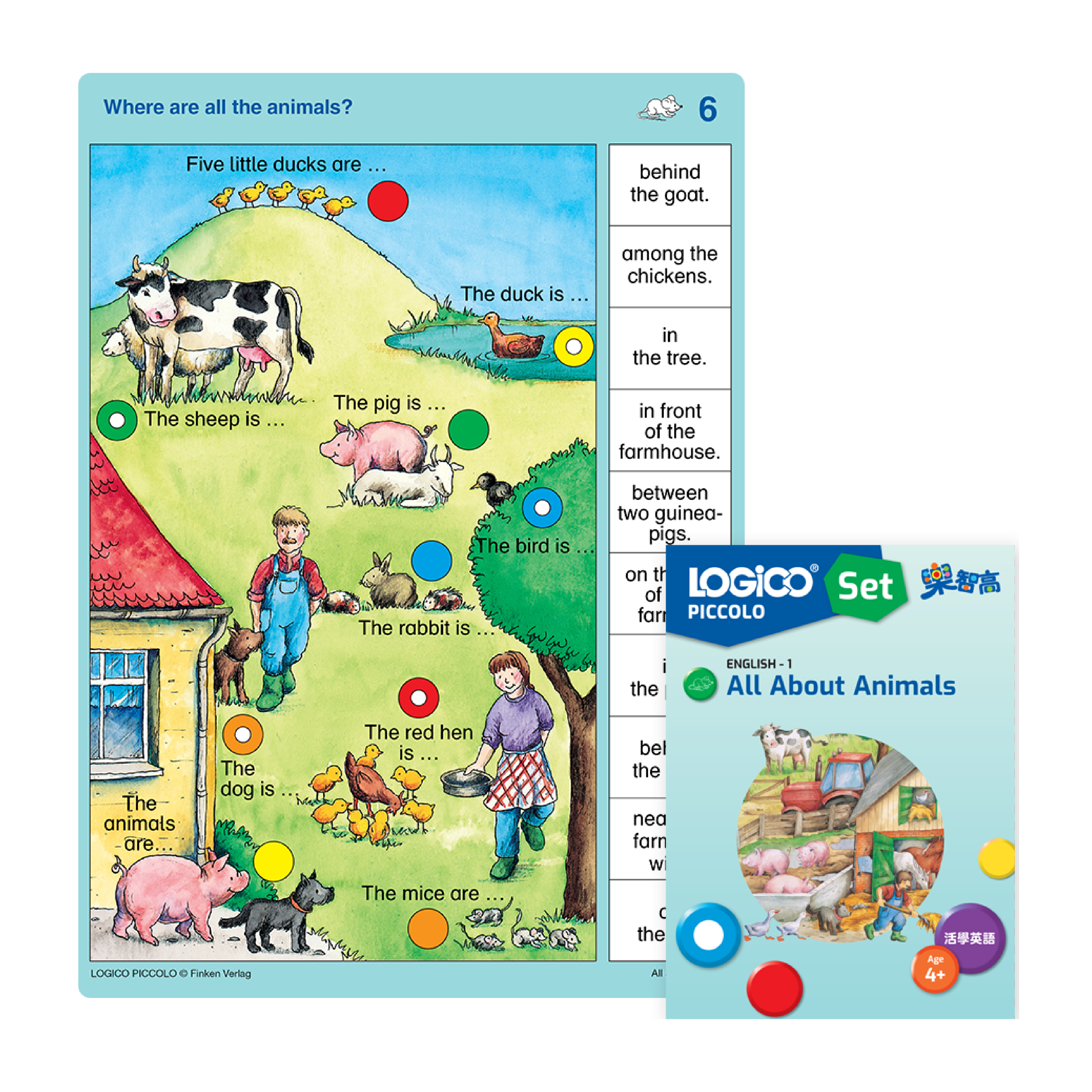 LOGICO PICCOLO English skill: A learning card exercise on using prepositions like "behind" and "among".