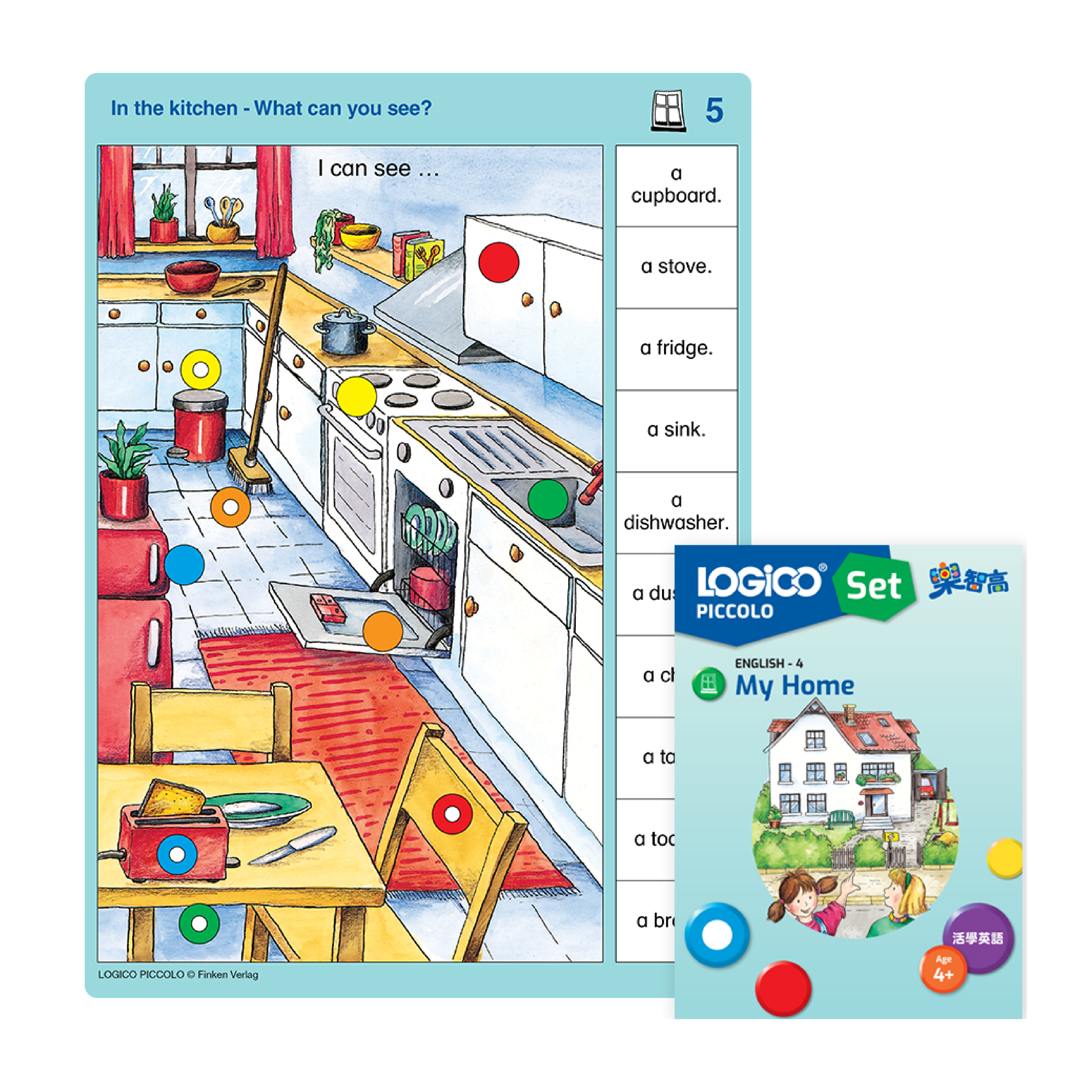 LOGICO PICCOLO English skill: A learning card exercise on building vocabulary for objects in the kitchen.