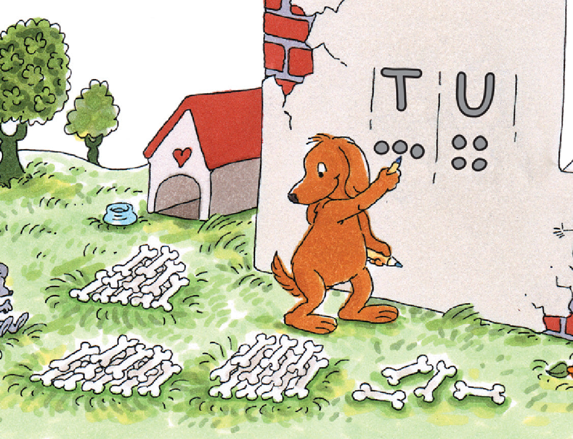 LOGICO PICCOLO feature: Engages Through Fun Challenges, illustrated by a cartoon dog learning letters.