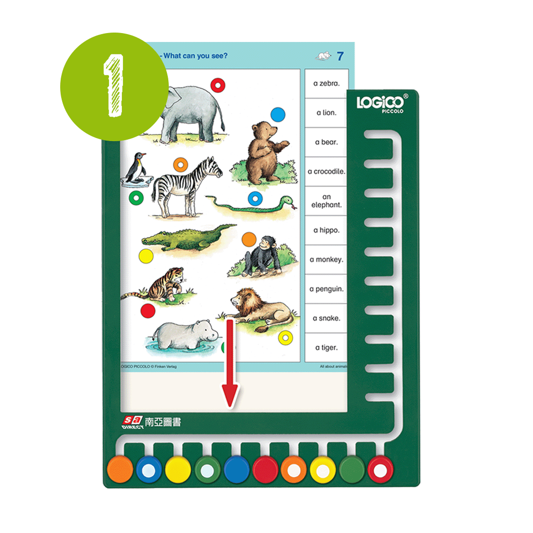 樂智高 (LOGICO) PICCOLO 玩法步驟一：將活動卡由上方插入遊戲板中。