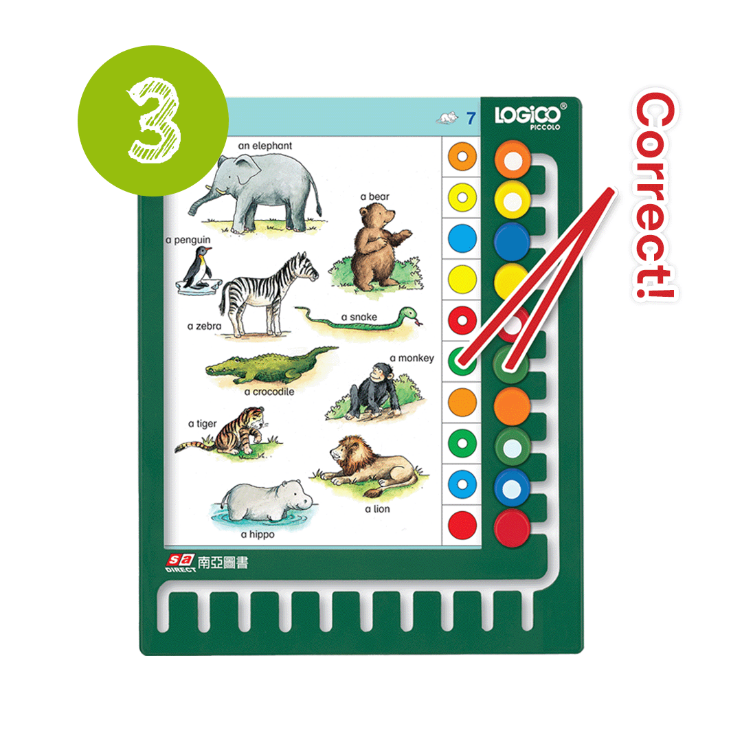 樂智高 (LOGICO) PICCOLO 玩法步驟三：將卡片翻面，自我核對答案與彩色圓鈕的位置是否一致。