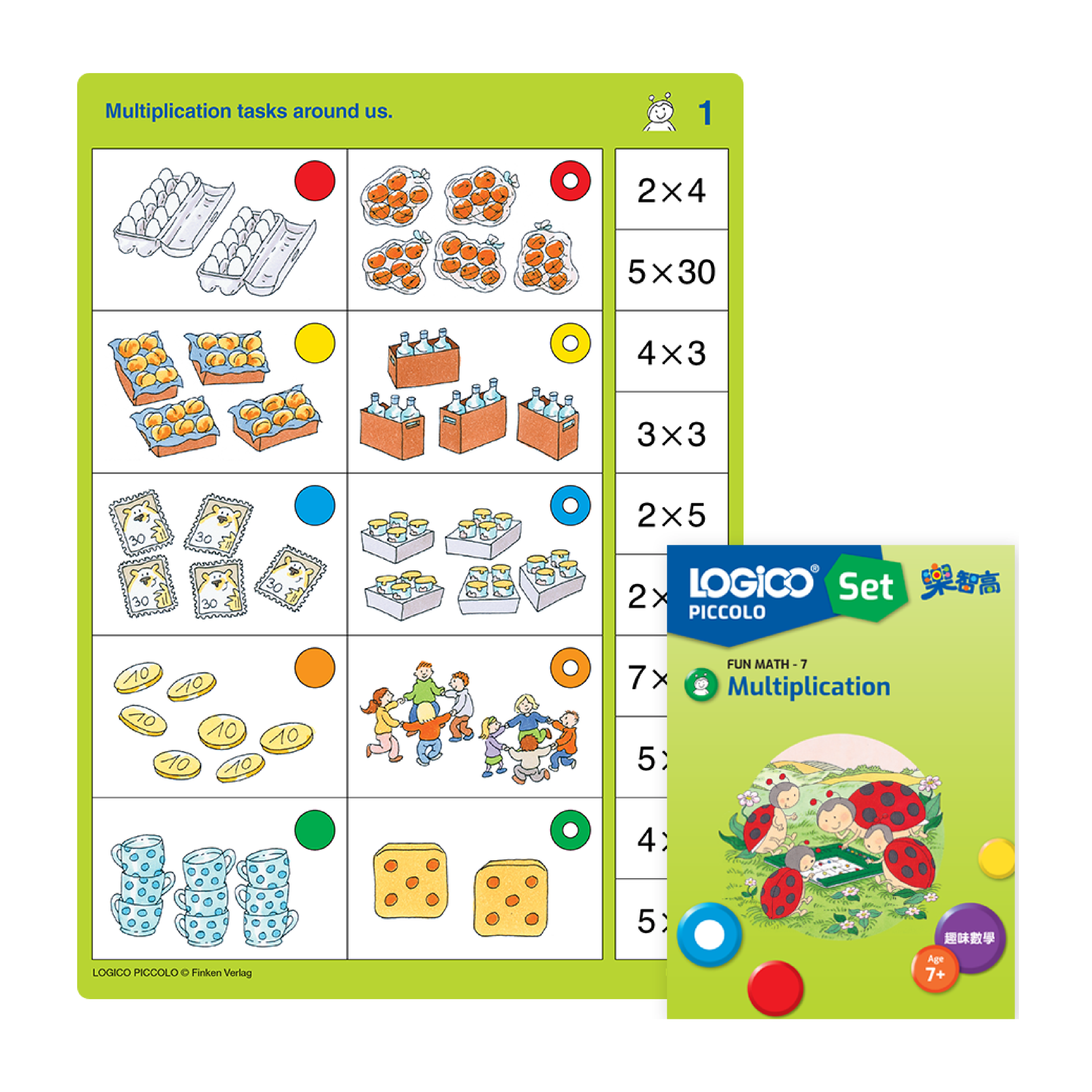 LOGICO PICCOLO Mathematics skill: A learning card exercise on understanding multiplication concepts through real-life examples.