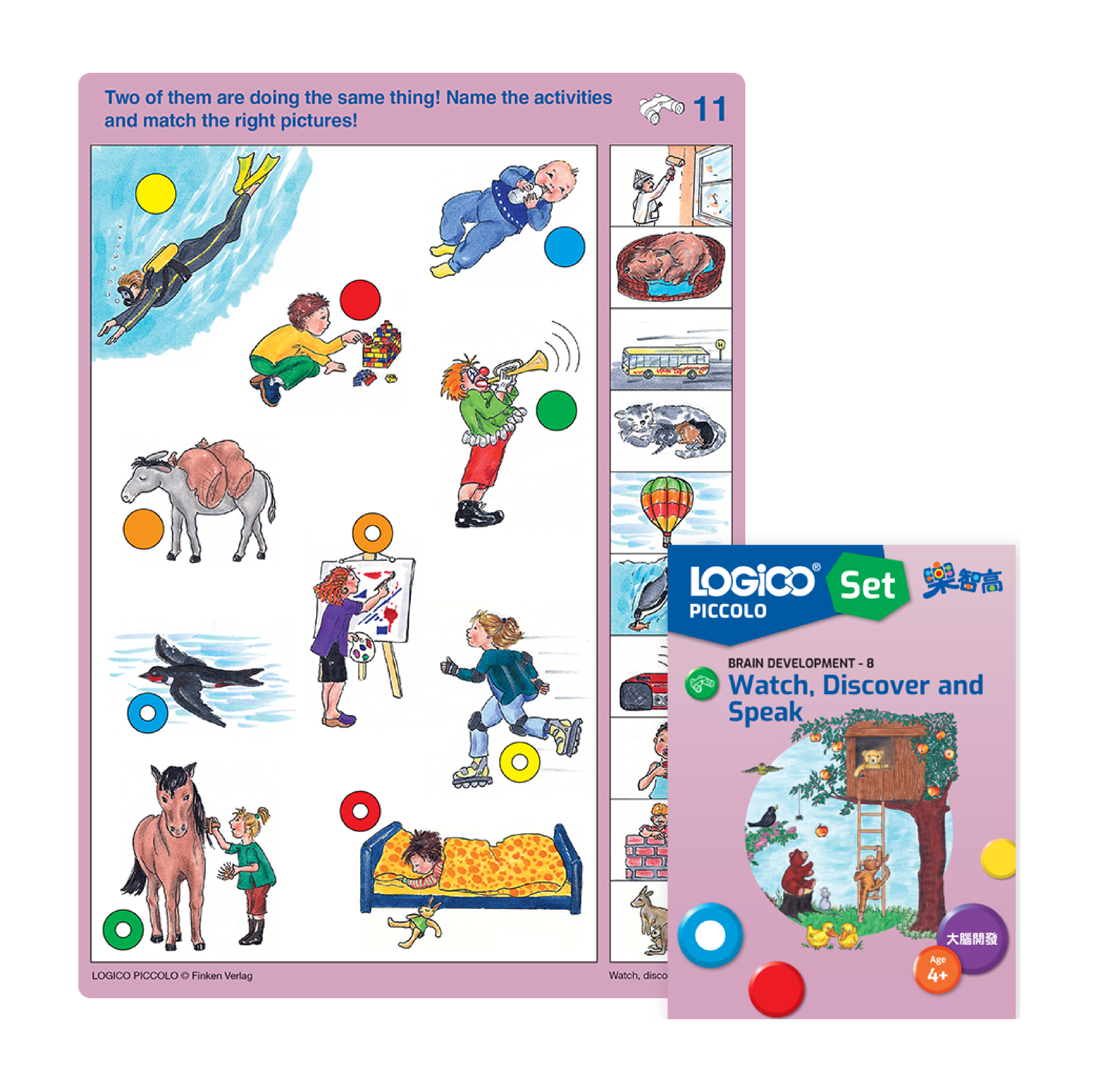 LOGICO PICCOLO Abstraction skill: A learning card exercise on categorizing characters by their actions, like sleeping or flying.