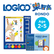 LOGICO 樂智高，RONDO 幼兒智能啟發課程 ，專為2-5歲兒童設計，展示了遊戲板、活動卡及產品包裝盒。