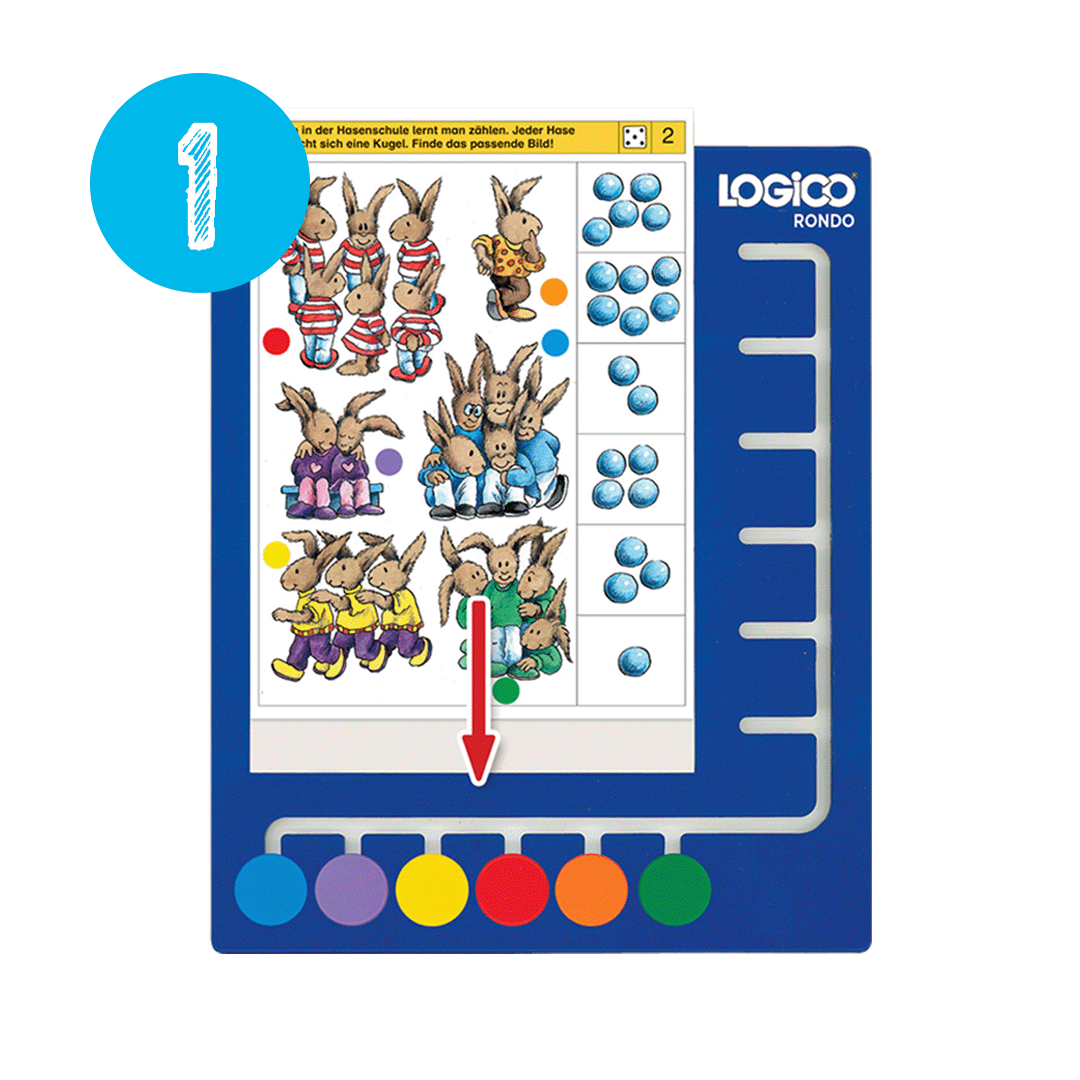 樂智高 (LOGICO) Rondo 玩法步驟一：將活動卡由上方插入遊戲板中。