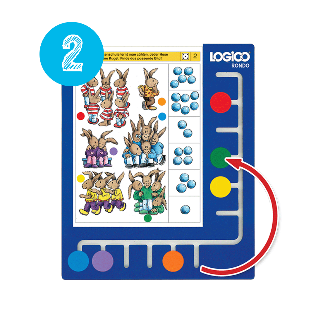 樂智高 (LOGICO) Rondo 玩法步驟二：移動底部的彩色圓鈕，以配對問題的答案。