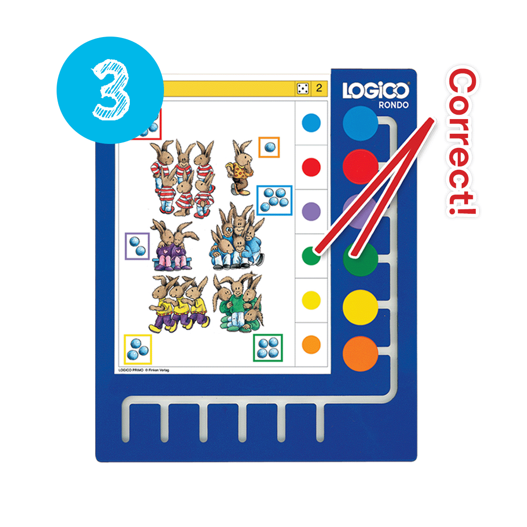 樂智高 (LOGICO) Rondo 玩法步驟三：將卡片翻面，自我核對答案與彩色圓鈕的位置是否一致。